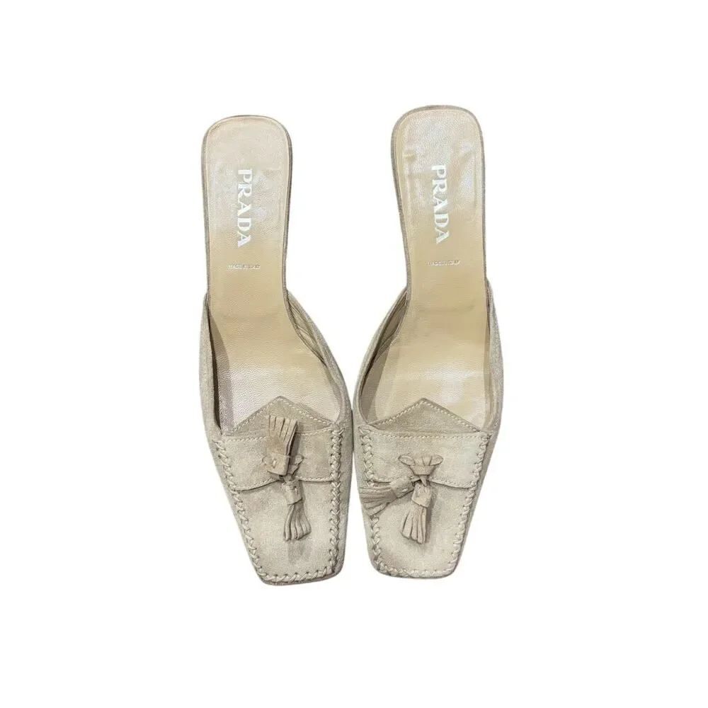 Prada beige suede tassel mules, women’s EURO size 37, US size 7 - Picture 4 of 9